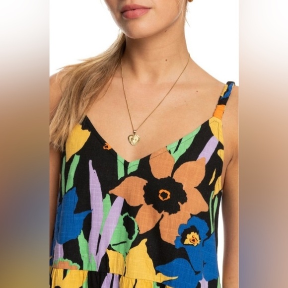 Roxy Waiting Line Bold Colors Midi Floral Boho Surfer Style Minimalist Dress - Picture 4 of 10